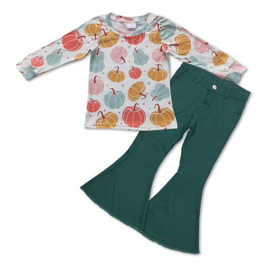 pumpkin shirt green denim pants set outfits