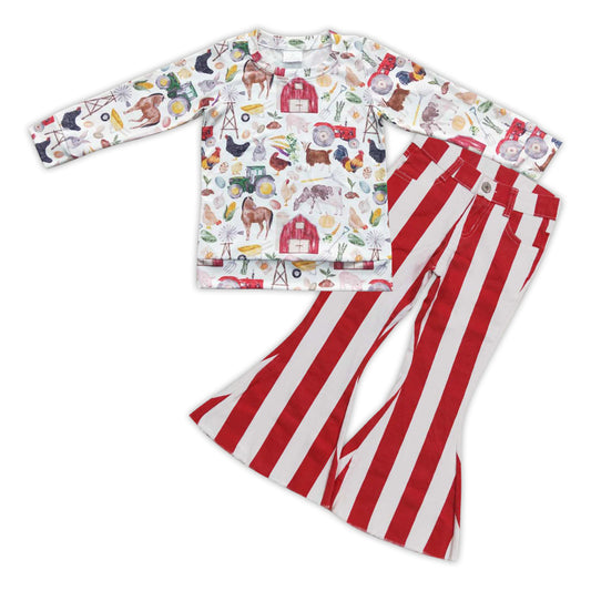 farm shirt red stripe denim pants girl outfit