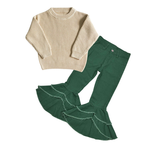 Cream knit sweater +green jeans girls outfits