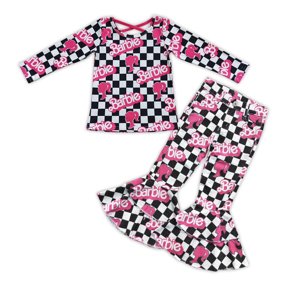 barbie words checkered top denim pants set