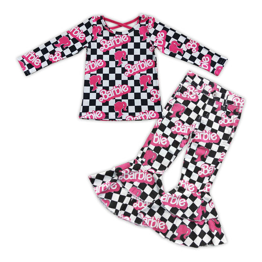 barbie words checkered top denim pants set