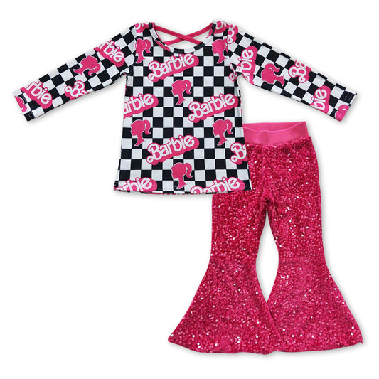 2pcs hot pink sequins pants outfit