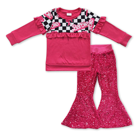 2pcs hot pink sequins pants outfit