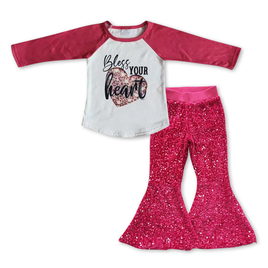 valentine 2pcs hot pink sequins pants outfit