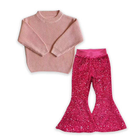 pink knit sweater + sequins pants girls outfits