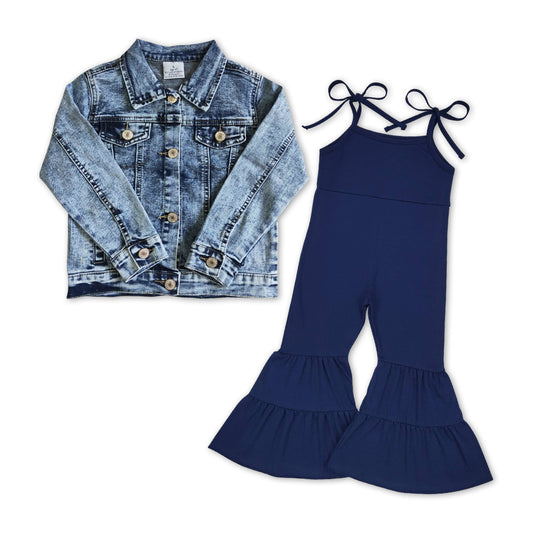 blue denim jacket+navy blue jumpsuit girls outfit