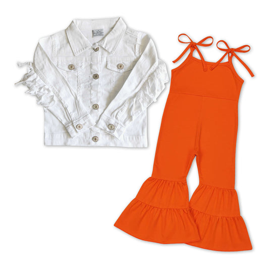 white denim jacket+orange jumpsuit girls outfit