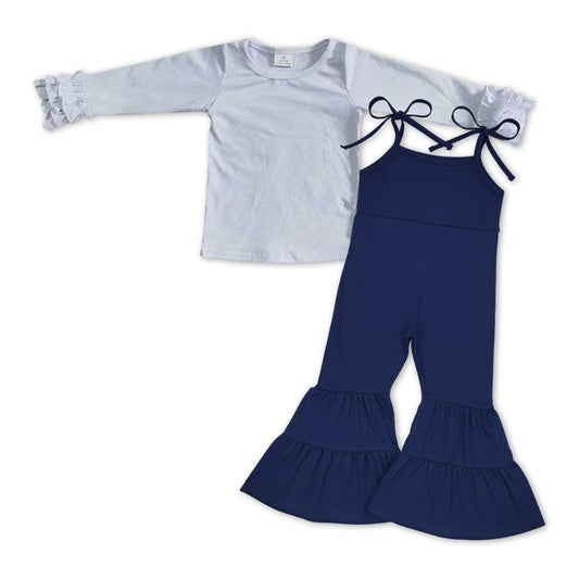 white cotton shirt+navy blue jumpsuit girls outfit