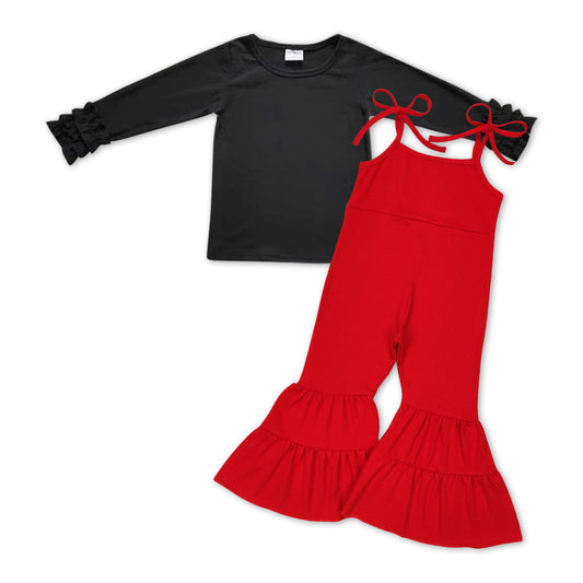 black cotton shirt+red jumpsuit girls outfit