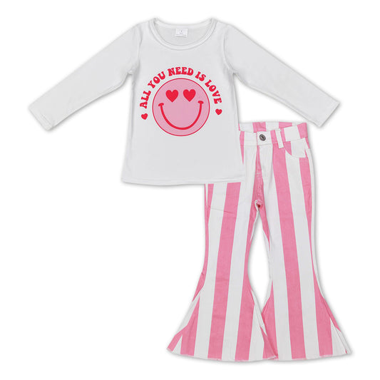 2pcs pink stripe denim pants outfit girls valentine's day clothing