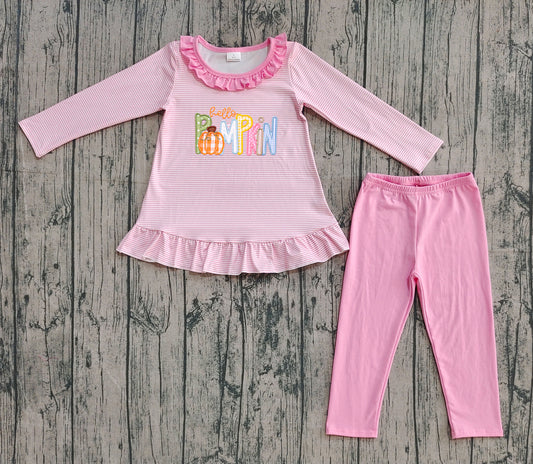 pre order pink stripes pumpkin legging set (do embroidery)