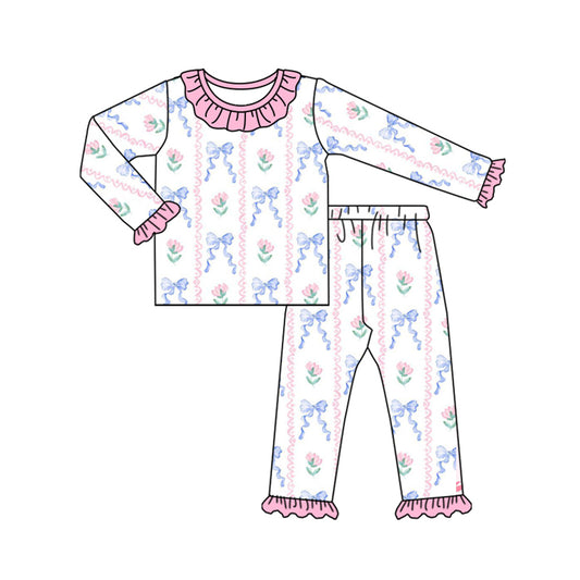 pre order  floral bows print girl fall pajamas