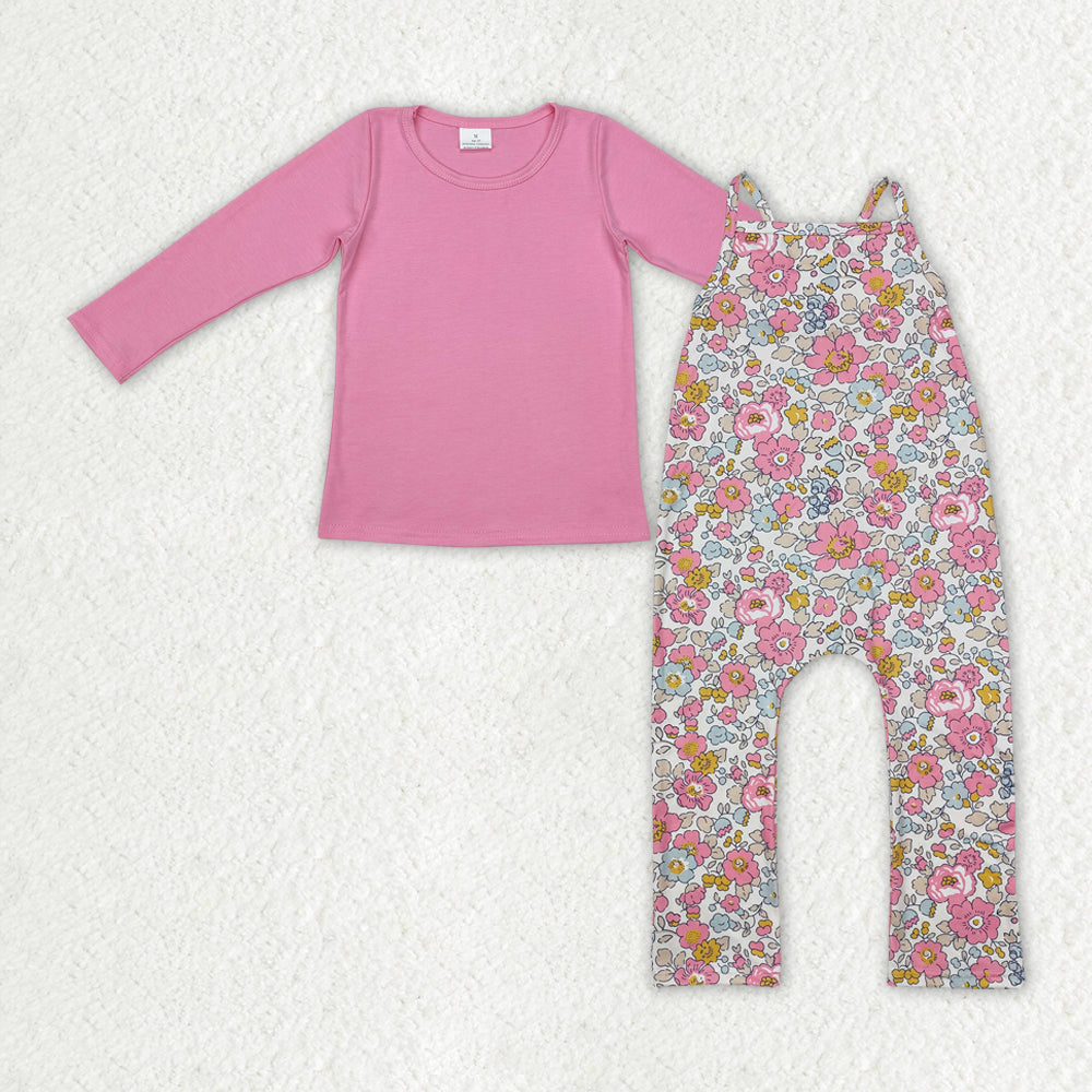 pink cotton shirt+floral jumpsuit girls outfit