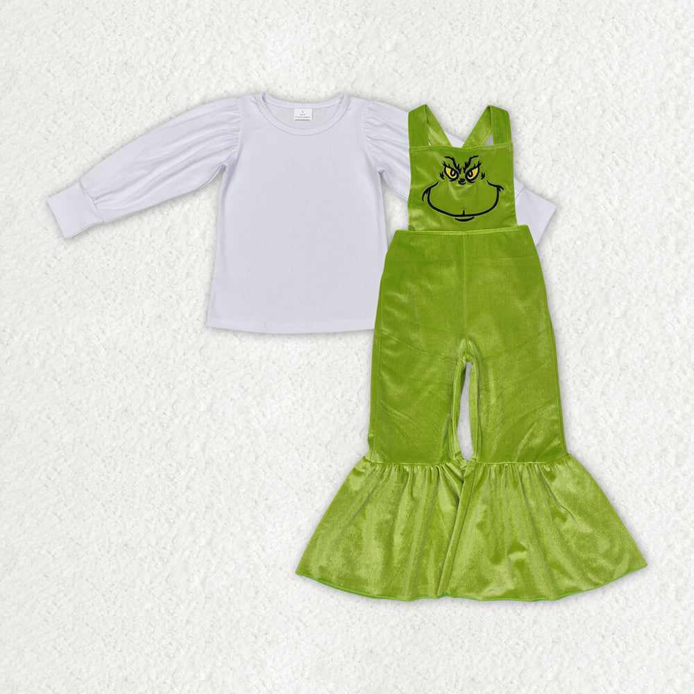 white shirt green velvet jumpsuit set christmas boutique outfit