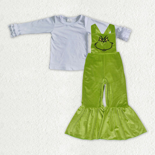 white shirt green velvet jumpsuit set christmas boutique outfit