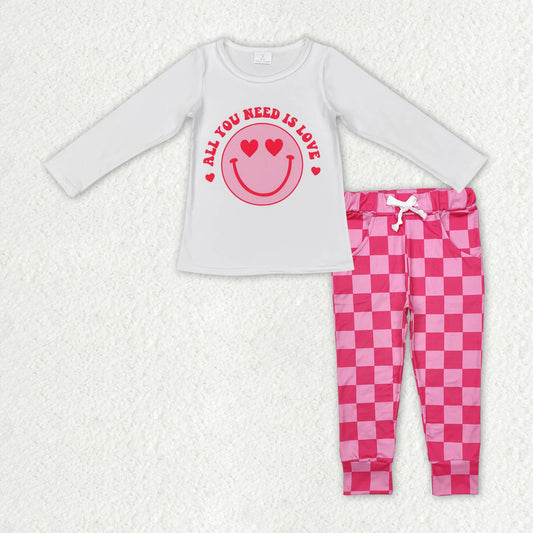 heart smile pink checkered pants set girl valentine outfit