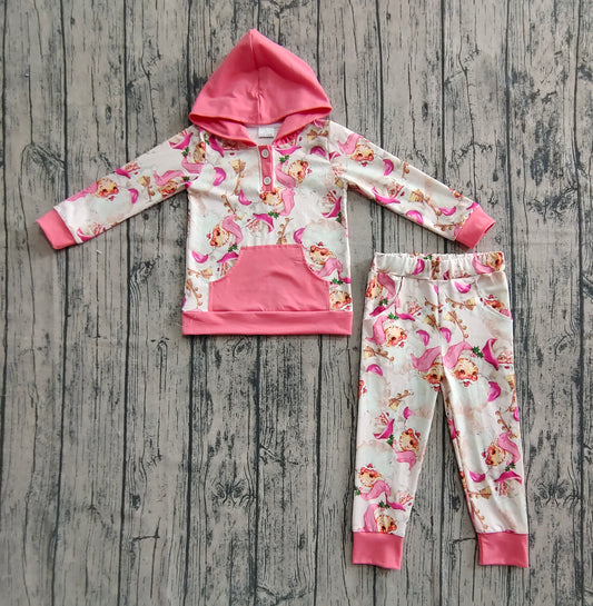 pink santa hoodie pants set girls outfit
