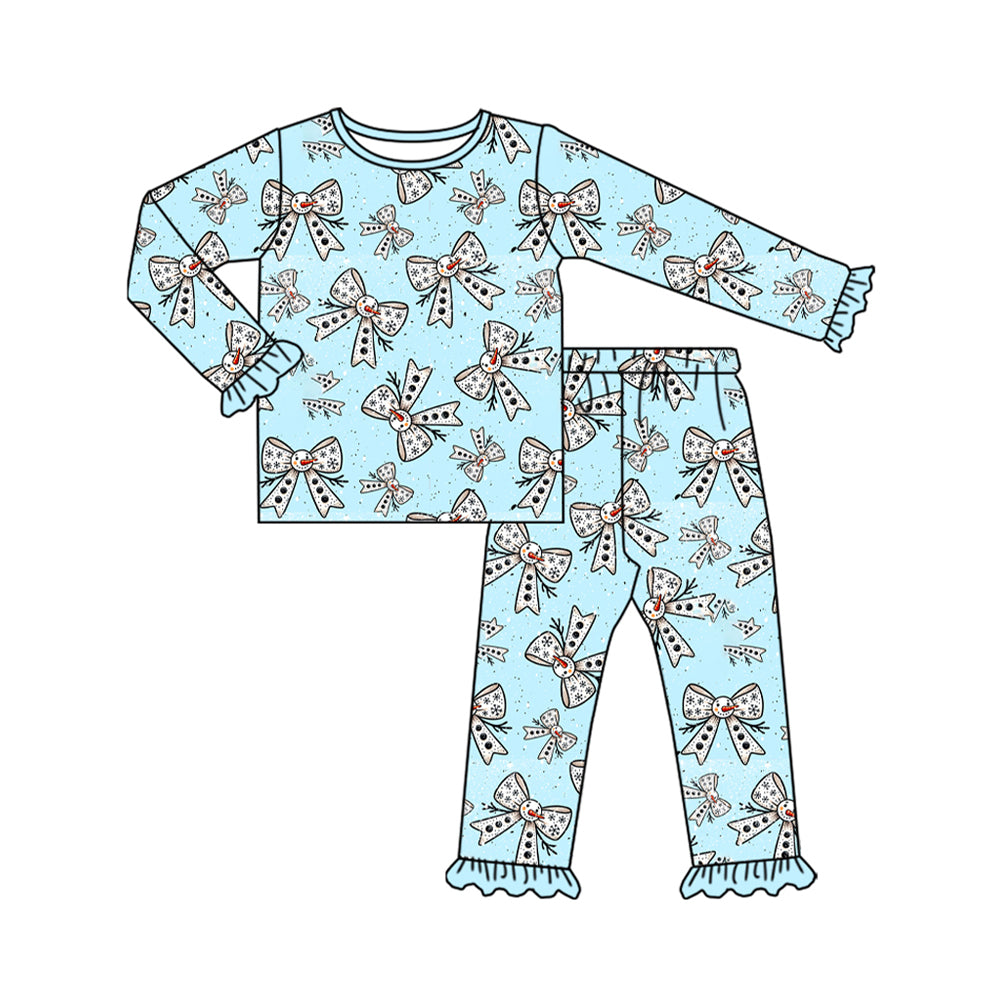 pre order snowman bows print blue two pieces pajama set