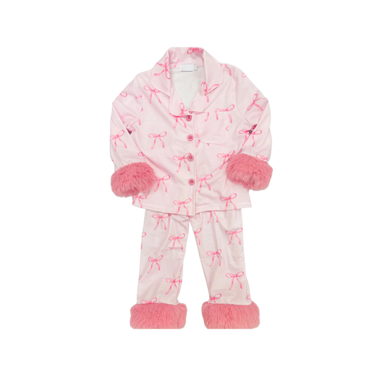 Pre order pink bow button down fur pajama set