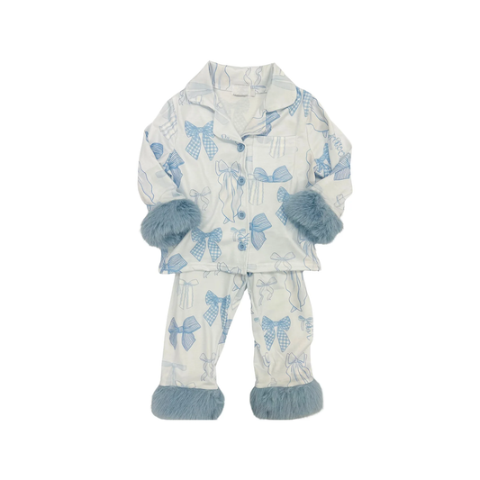 Pre order blue bow button down fur pajama set