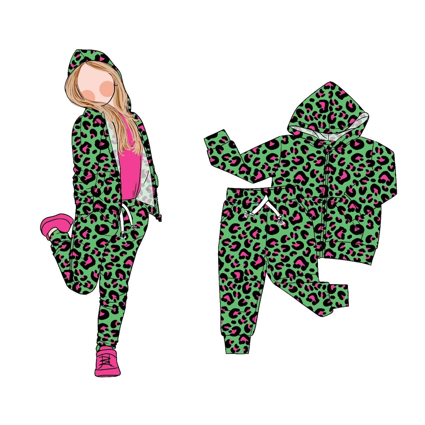 pre order green leopard zip hoodie jogger outfit