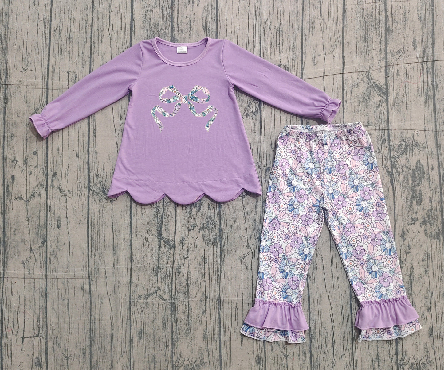 pre order purple floral bow ruffle pants set (do embroidery)