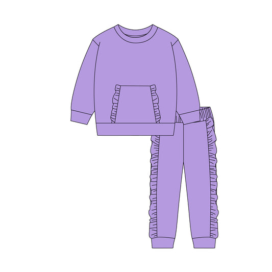 pre order solid purple cotton pullover ruffle pants set