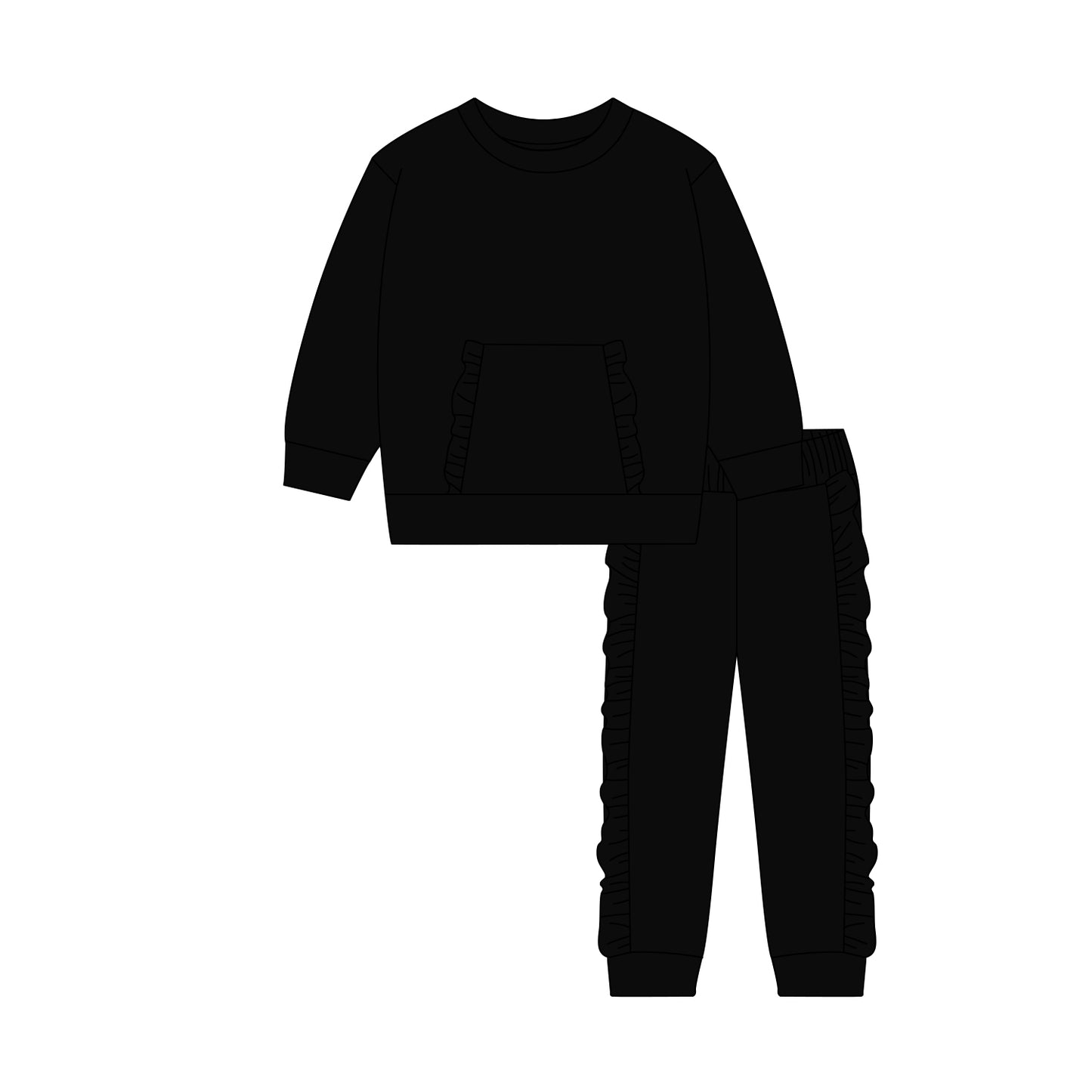 pre order solid black cotton pullover ruffle pants set