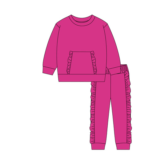pre order solid hot pink cotton pullover ruffle pants set