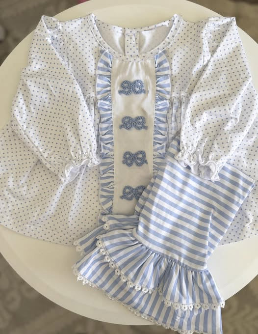 pre order blue coqutte stripes pants set polk dots outfit