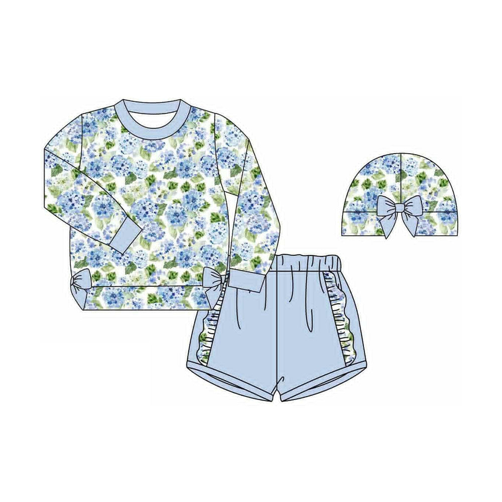 pre order blue long sleeve floral shorts set