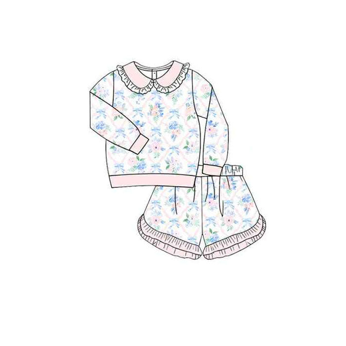pre order blue hydrangea with pink bow shorts set girl outfit