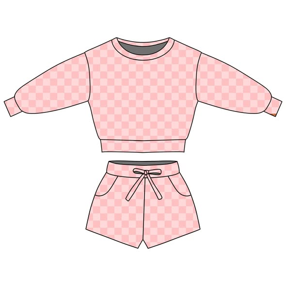 pre order pink checkered long sleeve shorts set