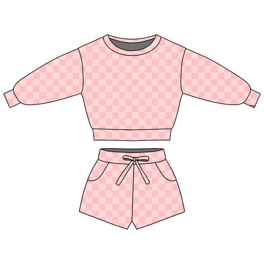 pre order pink checkered long sleeve shorts set