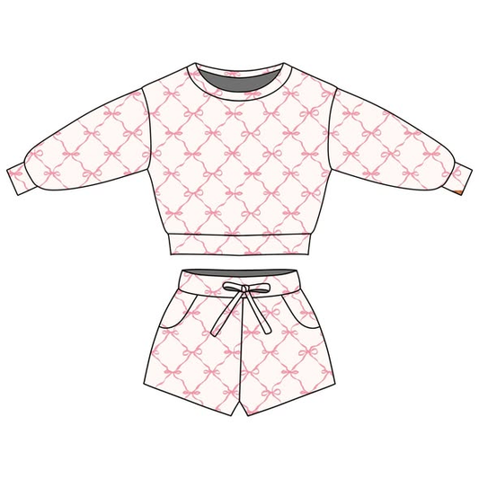 pre order pink bow long sleeve shorts set