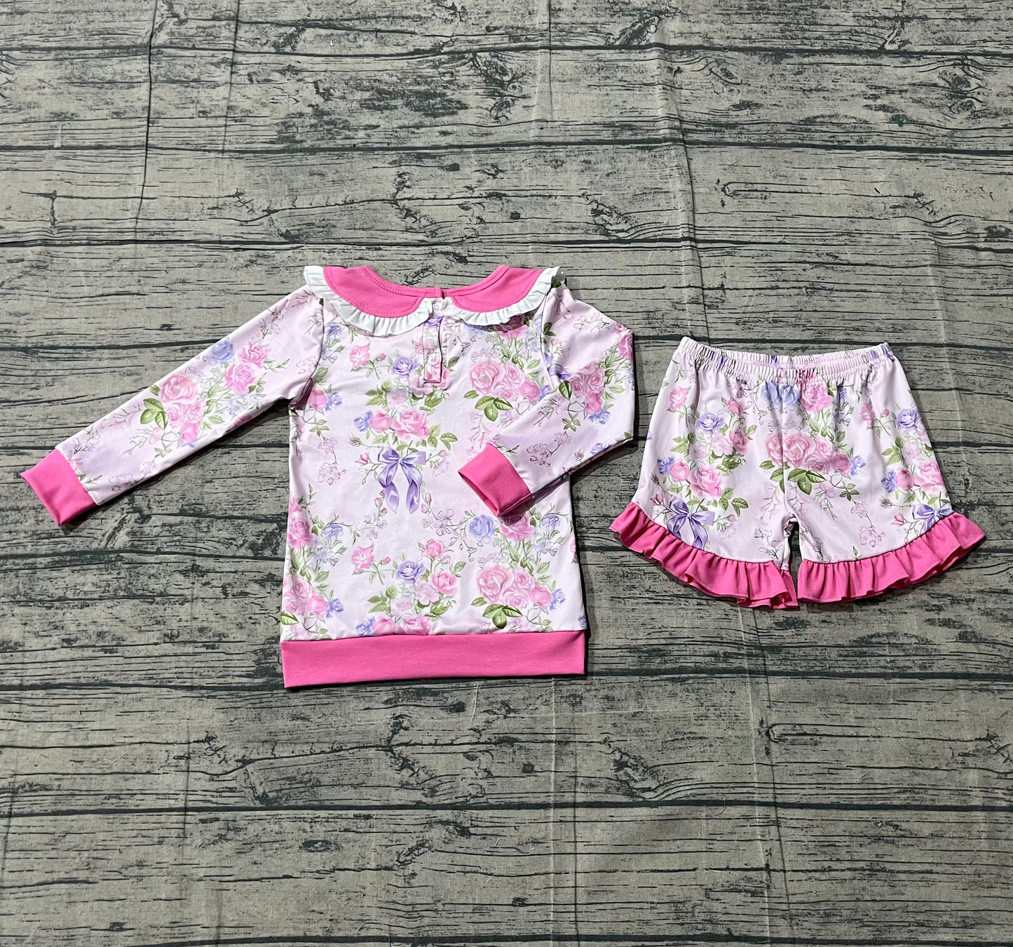 pre order pink flower with bow long sleeve shorts set