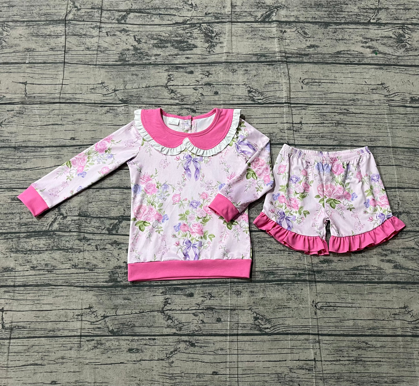 pre order pink flower with bow long sleeve shorts set