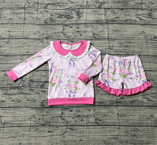 pre order pink flower with bow long sleeve shorts set