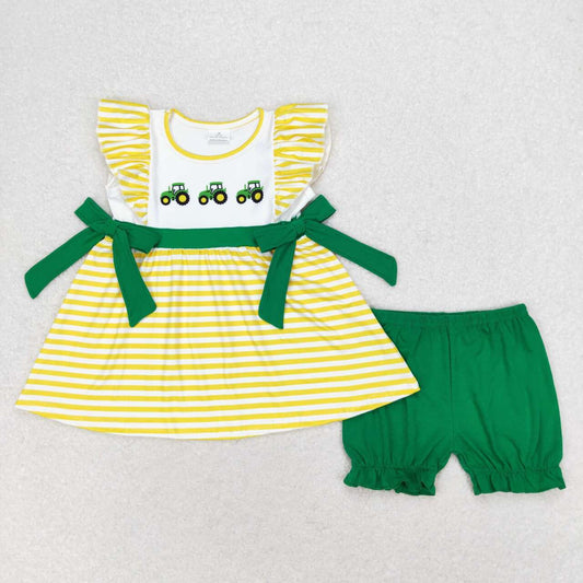 yellow stripe tractor print green bloomer set