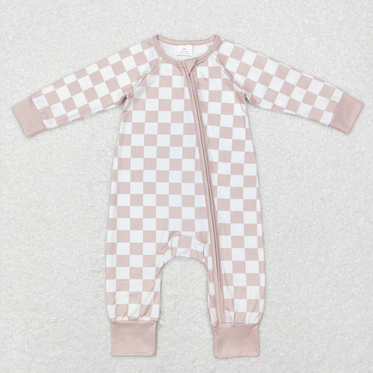 Khaki checkered infant zip sleeper
