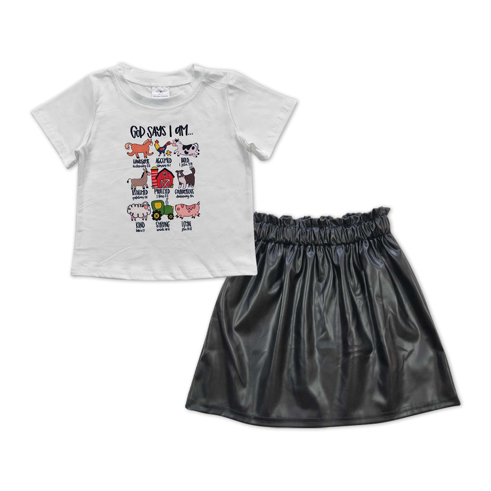 farm t-shirt+black leather skirt outfit