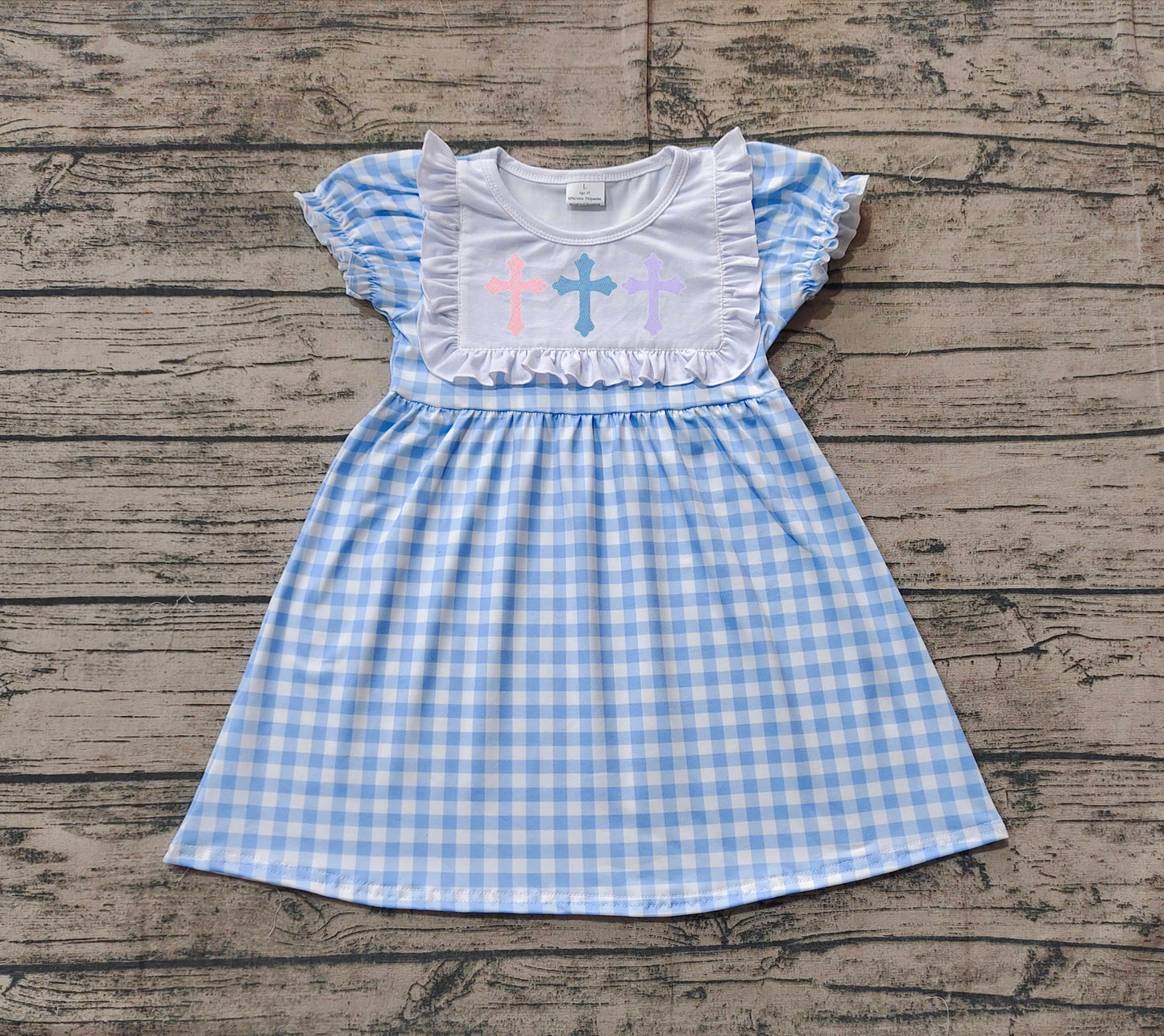 pre order easter cross blue plaid dress (do embroidery)