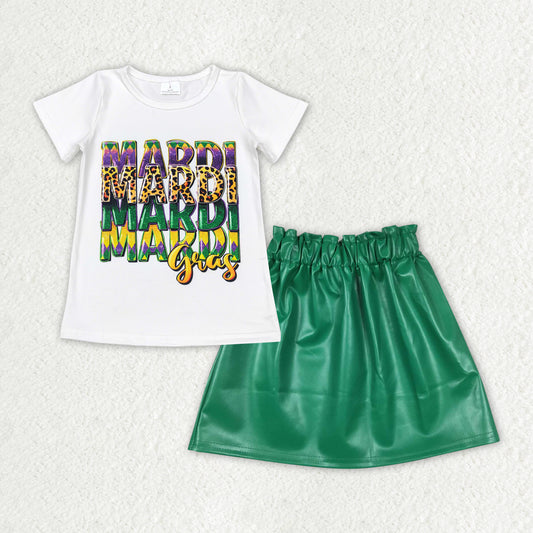 Mardi Gras t-shirt and green leather skirt outfit