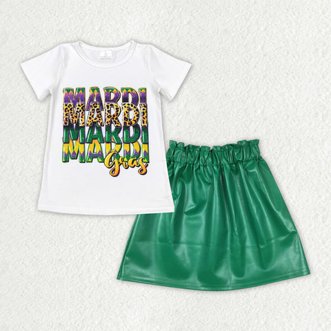 Mardi Gras t-shirt and green leather skirt outfit