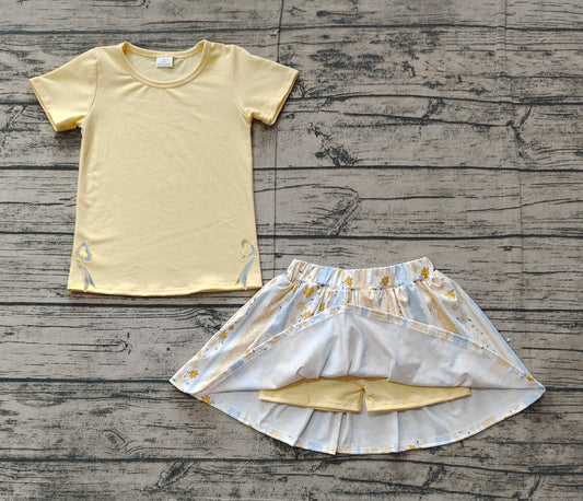 pre order solid t-shirt floral skort set yellow (do embroidery)