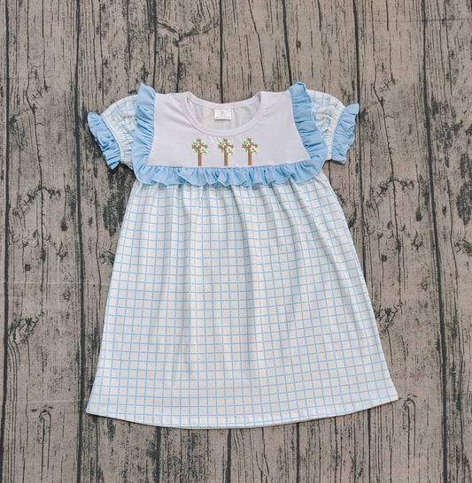 pre order easter cross blue plaid baby girl dress (do embroidery)