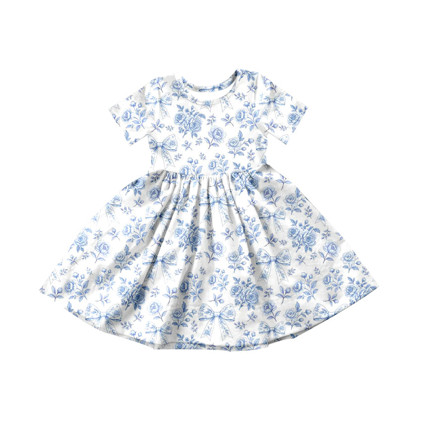 pre order blue bow and flower print twirl dress