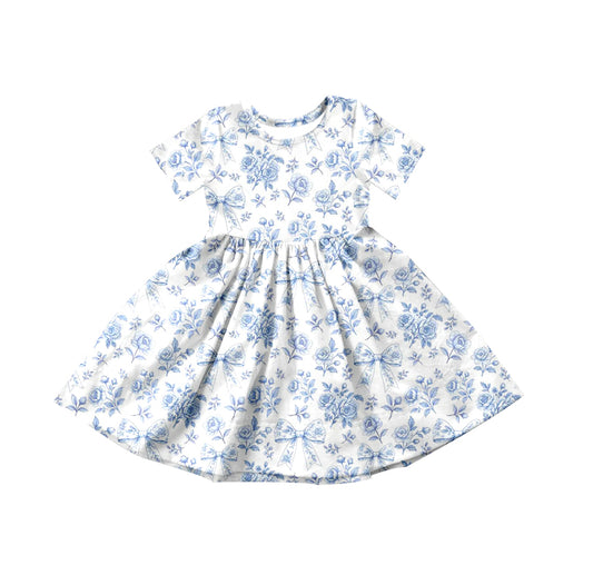 pre order blue bow and flower print twirl dress