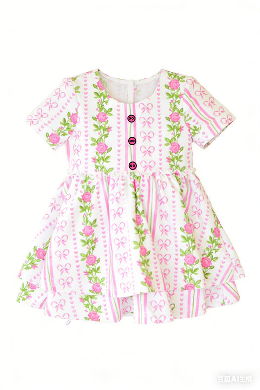 pre order pink bow and flower print girl dress