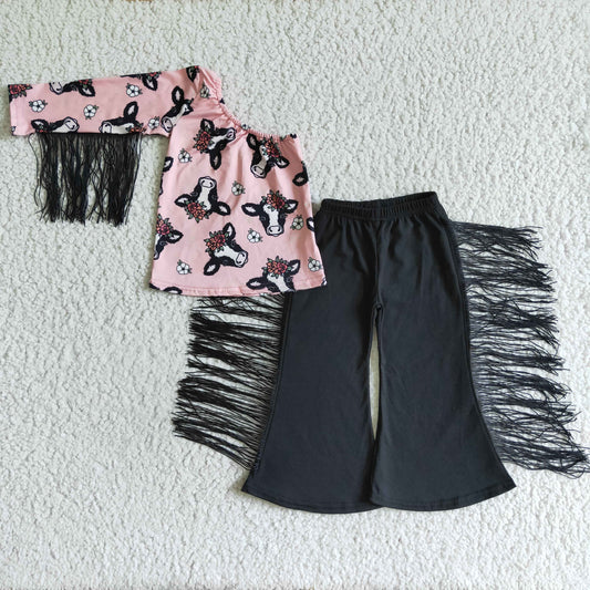 girls cow print black fringe bells outfit